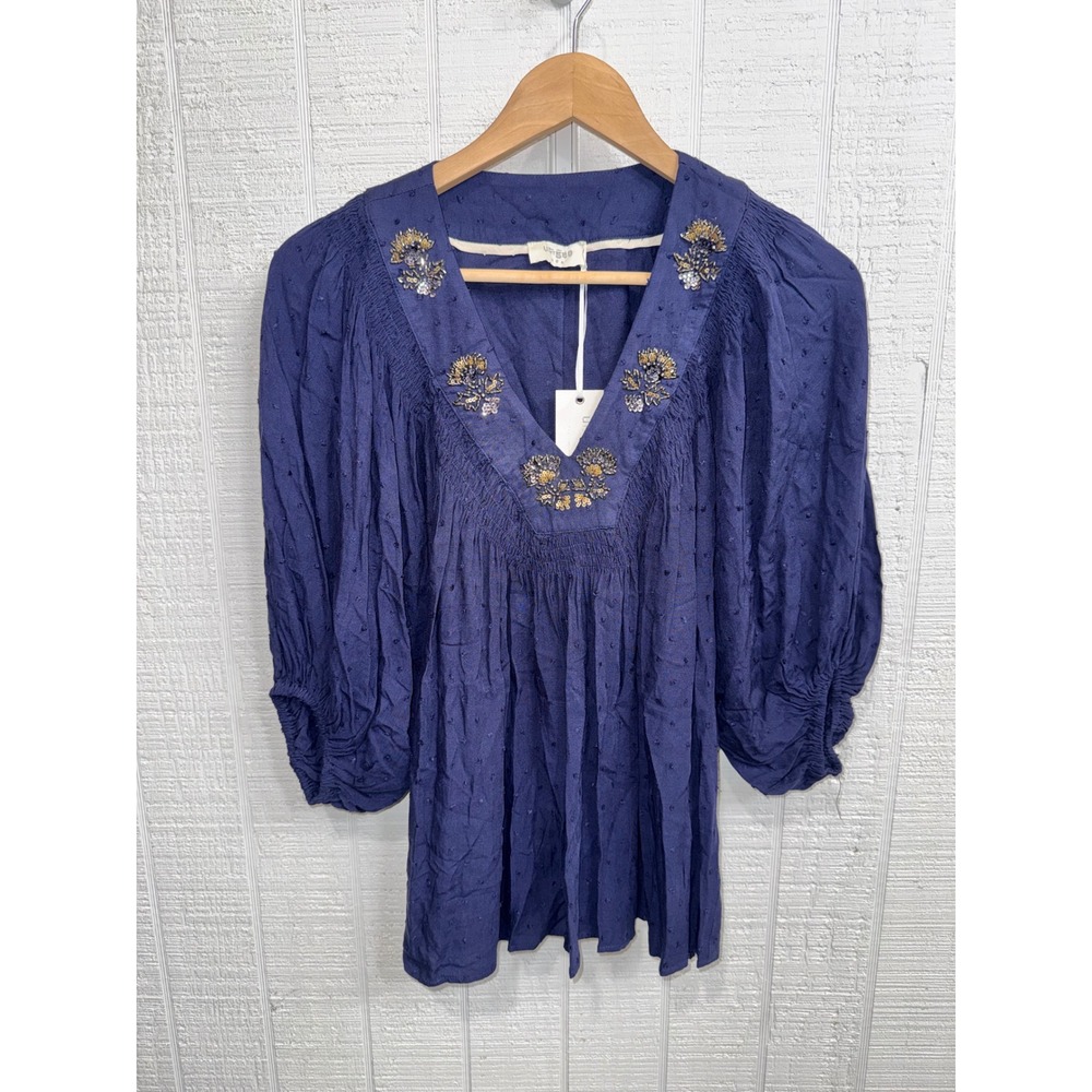Umgee Tunic Top Women Navy Blue Beaded Swiss Dot Balloon Sleeve Small